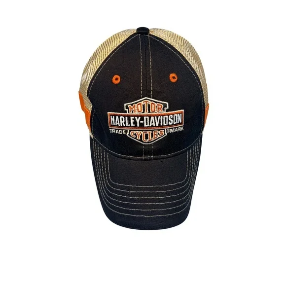 Harley-Davidson Hat Oconomowoc WI Wisconsin Mesh Trucker Cap Black Gold Orange - Picture 2 of 9